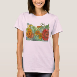 Röd Daisy Dragonfly Watercolor Flowers T Shirt