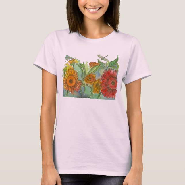 Röd Daisy Dragonfly Watercolor Flowers T Shirt (Framsida)