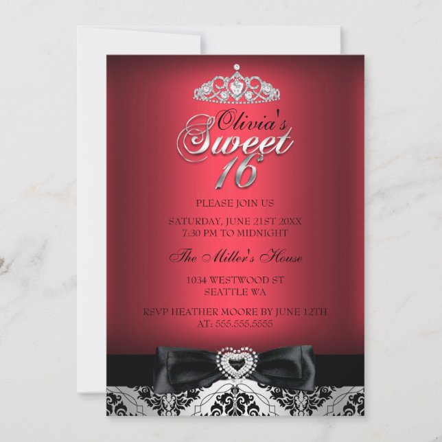 Röd Damask & Bow Sweet Sixteen-inbjudan Inbjudningar (Framsida)