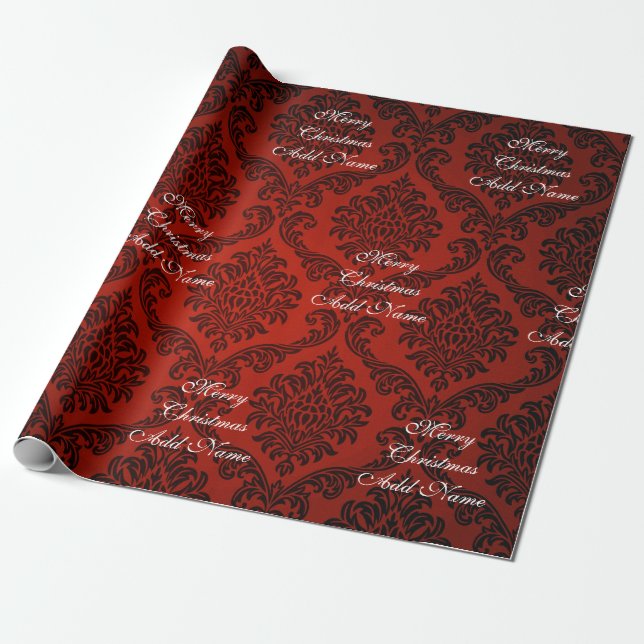 Röd Damask God Jul med Namn Jul Presentpapper (Utrullad)