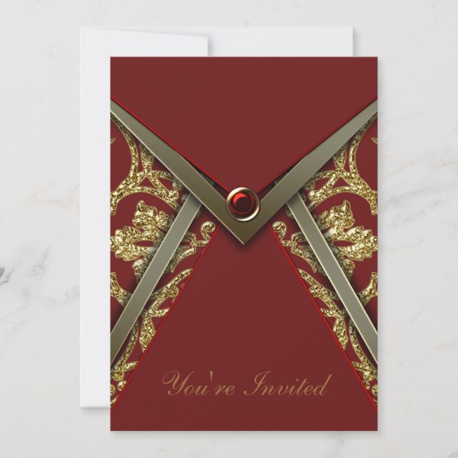 Röd Damask Guld Festinladning Mall (Framsida)