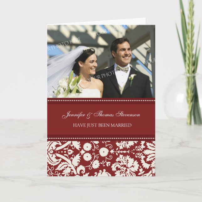 Röd Damask Ny gifta-fotoannons kort (Framsida)