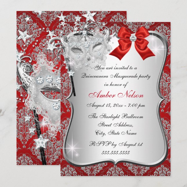 Röd Damaskmask Quinceanera Masquerade Inbjudan (Fram/baksida)