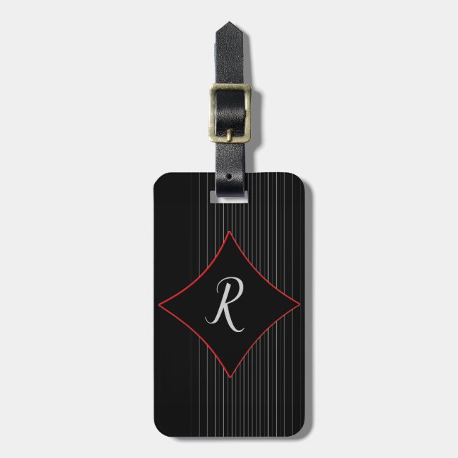 Röd diamantklippt monogram svart grå pinstripes bagagebricka (Vertikal Framsida)