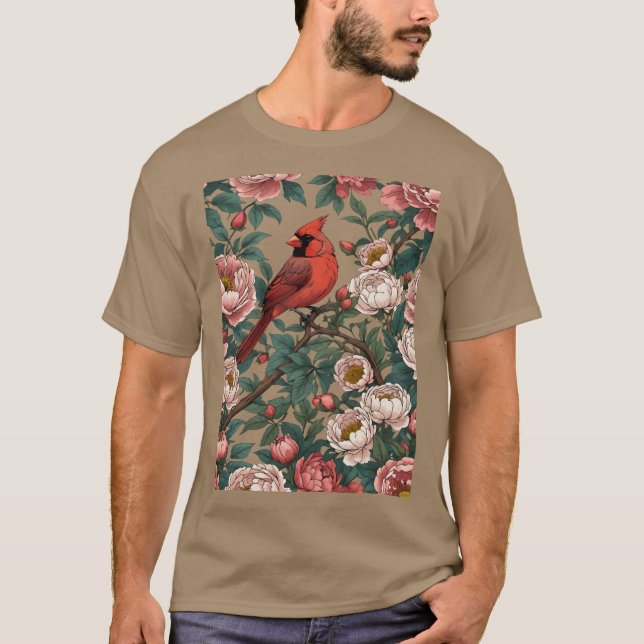 Röd dinal Fågel och Peony Blommor T Shirt (Framsida)