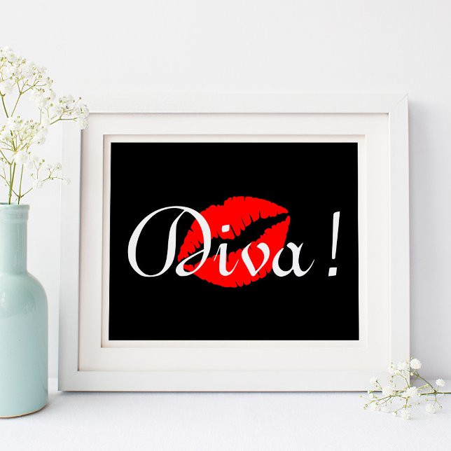 Röd diva kyss poster (Red Diva Kiss on Black Poster)