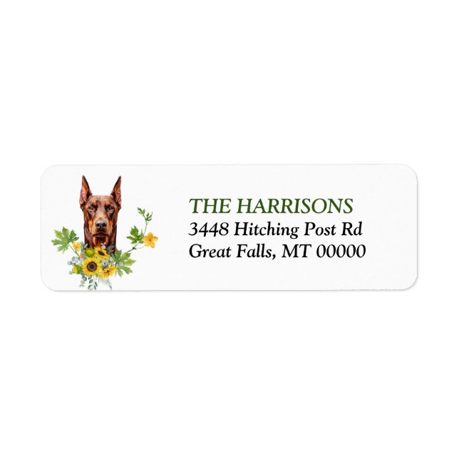 Röd Dobermann Pinscher Solros Returadress Etikett (Framsidan)