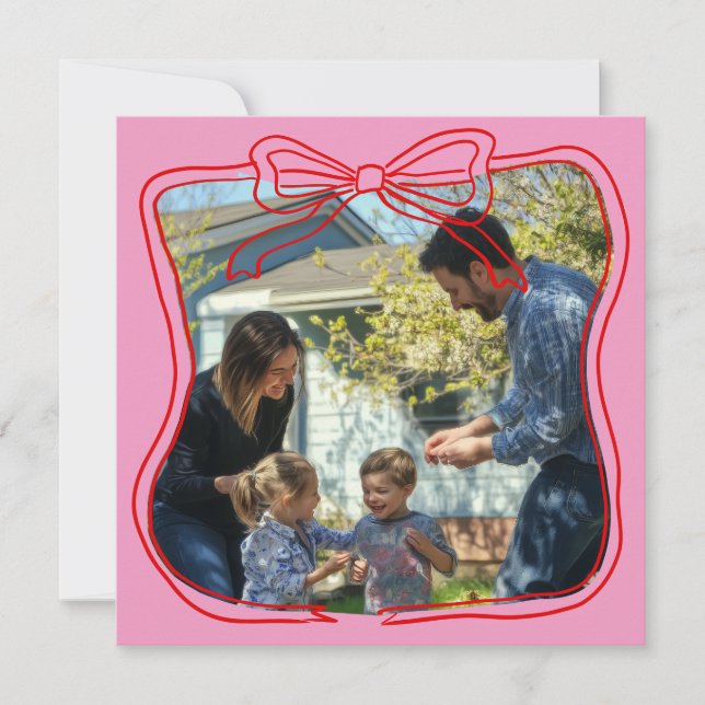 Röd Doodle Båge Ram Rosa Anpassad Foto Julkort (Framsida)