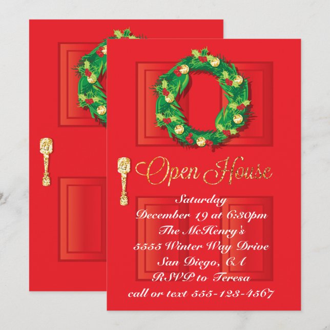 Röd dörr - Julens Helgdag - öppet hus med krans Inbjudningar (Fram/baksida)