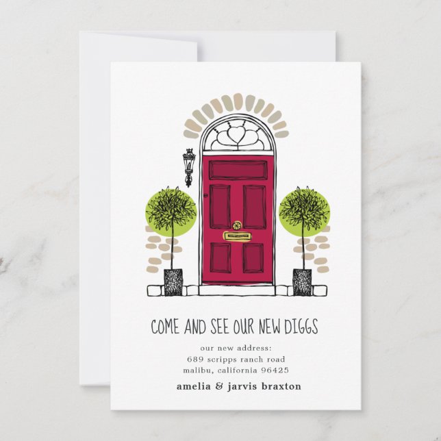 Röd dörr - nytt hus-meddelande spara datumet (Framsida)