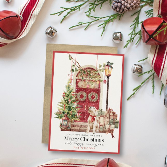 Röd dörr vårt hem till din Hund jul Julkort (Skapare uppladdad)