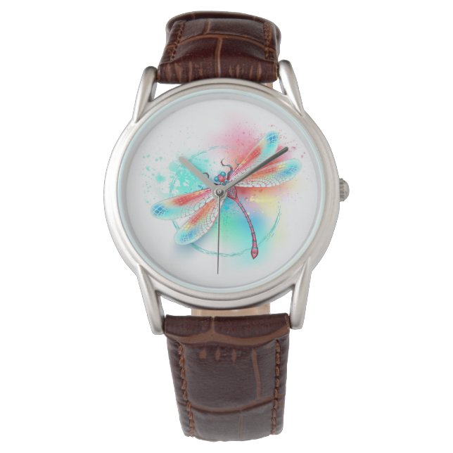 Röd dragonfly på vattenfärgsbakgrund armbandsur (Framsida)