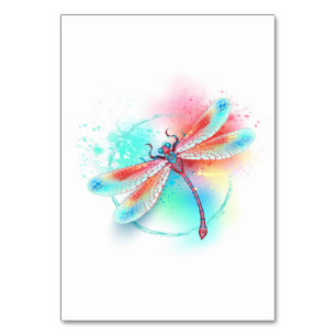 Röd dragonfly på vattenfärgsbakgrund bordsnummer