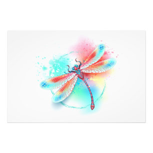 Röd dragonfly på vattenfärgsbakgrund fototryck