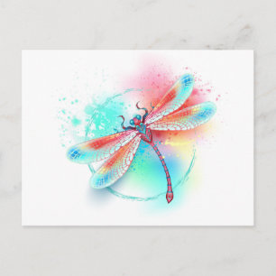Röd dragonfly på vattenfärgsbakgrund helg vykort