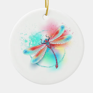 Röd dragonfly på vattenfärgsbakgrund julgransprydnad keramik