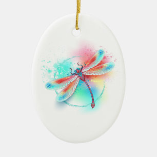 Röd dragonfly på vattenfärgsbakgrund julgransprydnad keramik