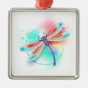 Röd dragonfly på vattenfärgsbakgrund julgransprydnad metall