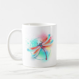 Röd dragonfly på vattenfärgsbakgrund kaffemugg