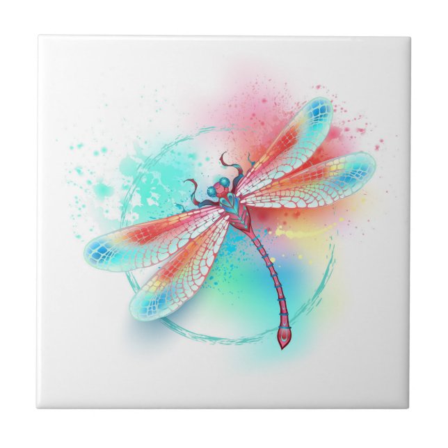 Röd dragonfly på vattenfärgsbakgrund kakelplatta (Framsidan)