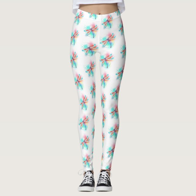 Röd dragonfly på vattenfärgsbakgrund leggings (Framsida)