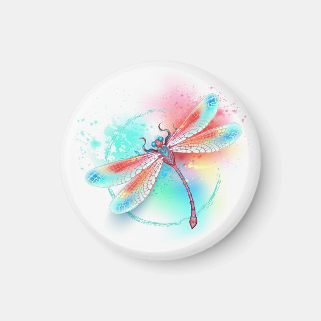 Röd dragonfly på vattenfärgsbakgrund magnet (Framsidan)
