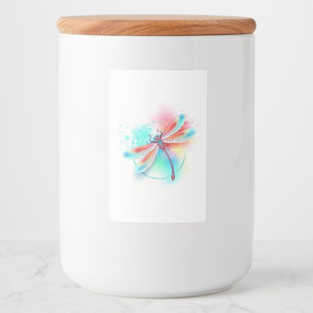 Röd dragonfly på vattenfärgsbakgrund mat etikett (Framsida)