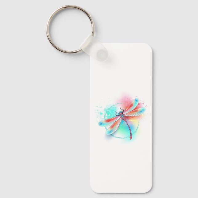 Röd dragonfly på vattenfärgsbakgrund nyckelring (Framsida)