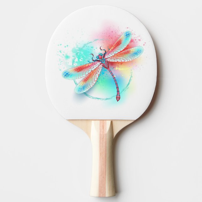 Röd dragonfly på vattenfärgsbakgrund pingisracket (Framsidan)