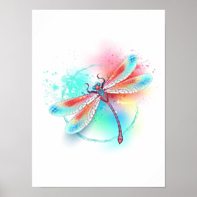 Röd dragonfly på vattenfärgsbakgrund poster (Framsidan)