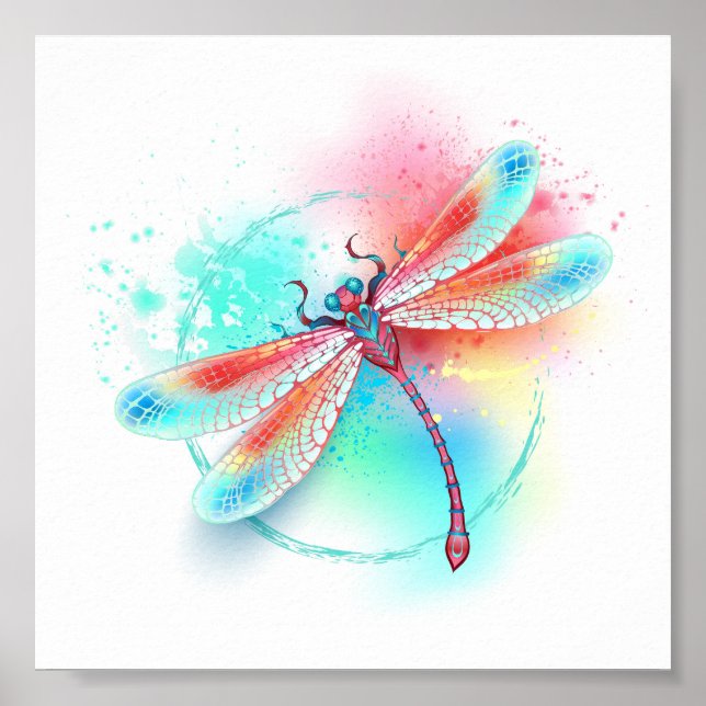 Röd dragonfly på vattenfärgsbakgrund poster (Framsidan)