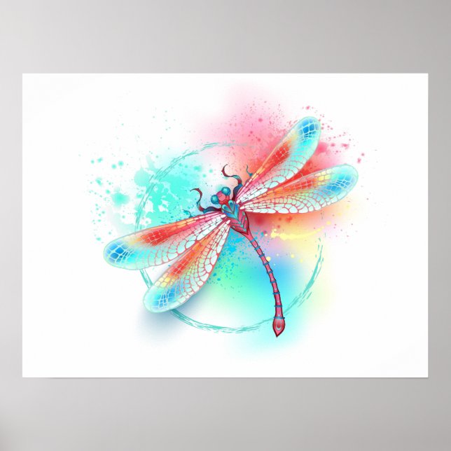 Röd dragonfly på vattenfärgsbakgrund poster (Framsidan)