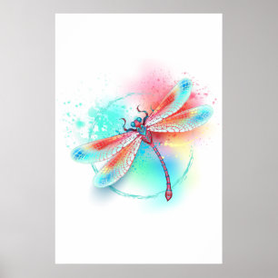 Röd dragonfly på vattenfärgsbakgrund poster