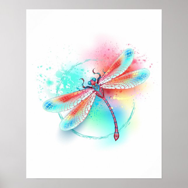 Röd dragonfly på vattenfärgsbakgrund poster (Framsidan)