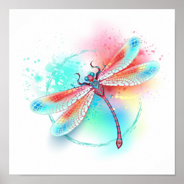 Röd dragonfly på vattenfärgsbakgrund poster (Framsidan)