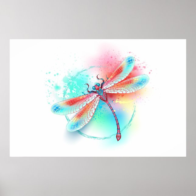 Röd dragonfly på vattenfärgsbakgrund poster (Framsidan)