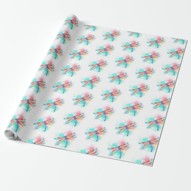 Röd dragonfly på vattenfärgsbakgrund presentpapper (Utrullad)