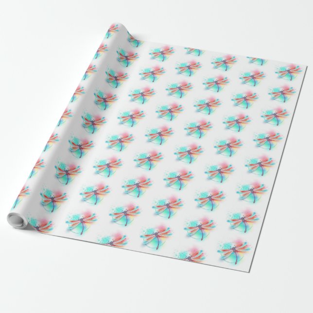 Röd dragonfly på vattenfärgsbakgrund presentpapper (Utrullad)
