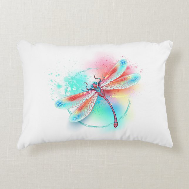 Röd dragonfly på vattenfärgsbakgrund prydnadskudde (Framsidan)