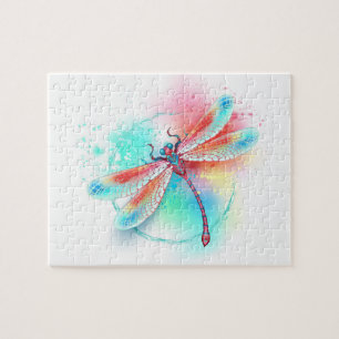 Röd dragonfly på vattenfärgsbakgrund pussel