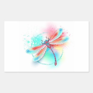 Röd dragonfly på vattenfärgsbakgrund rektangulärt klistermärke