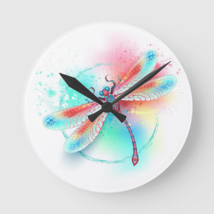 Röd dragonfly på vattenfärgsbakgrund rund klocka