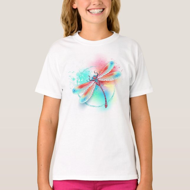 Röd dragonfly på vattenfärgsbakgrund t shirt (Framsida)