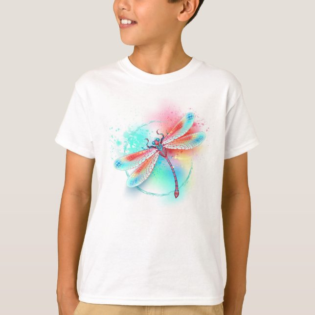Röd dragonfly på vattenfärgsbakgrund t shirt (Framsida)