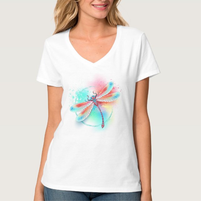 Röd dragonfly på vattenfärgsbakgrund t shirt (Framsida)
