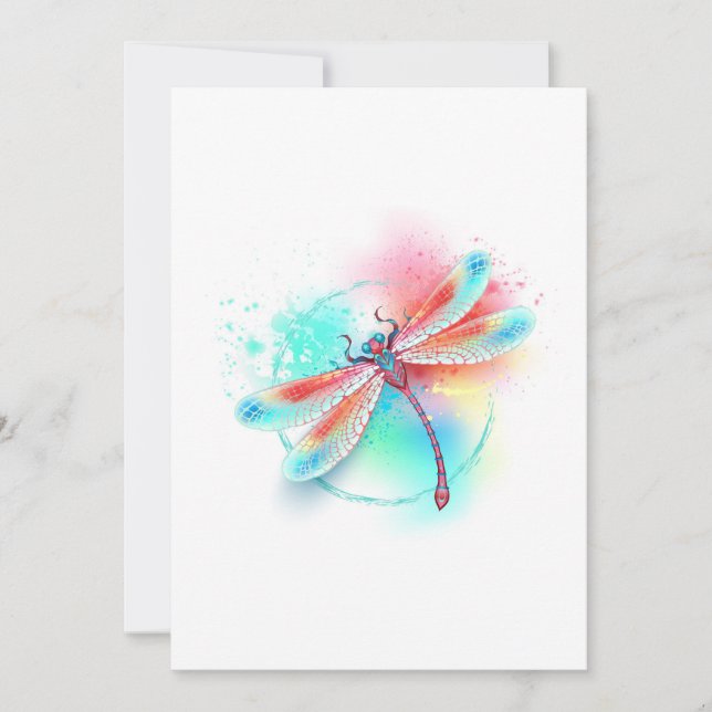 Röd dragonfly på vattenfärgsbakgrund tack kort (Framsida)