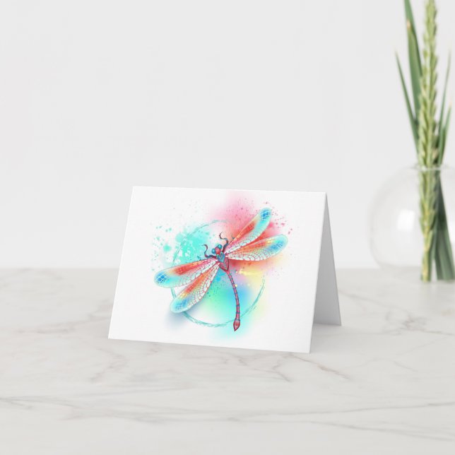 Röd dragonfly på vattenfärgsbakgrund tack kort (Framsida)