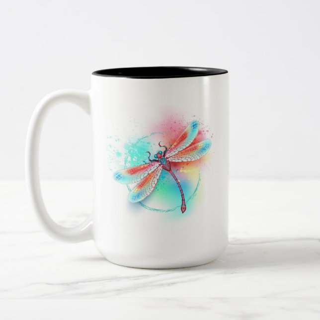 Röd dragonfly på vattenfärgsbakgrund Två-Tonad mugg (Vänster)