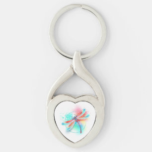 Röd dragonfly på vattenfärgsbakgrund twisted heart silverfärgad nyckelring