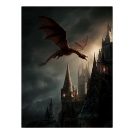 Röd Drak Över Gotiskt Slott Perfect Poster